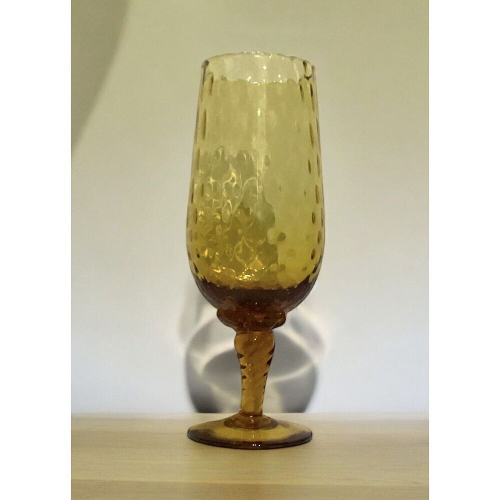Honey Glass Amber Vase Tall Footed Vintage Mid Century Modern Style Optical
